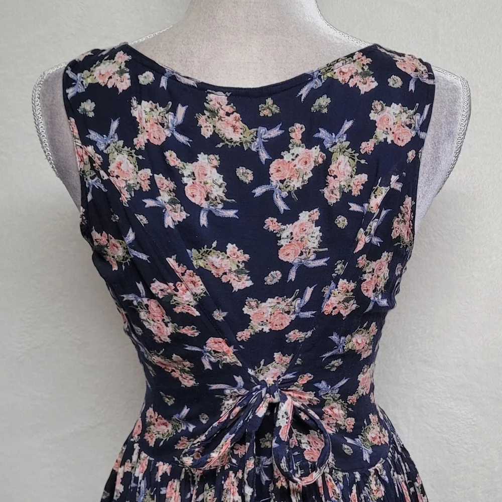 1970s Vintage Sita Blue Pink Floral Scoop Neck Tie-Waist Fit & Flare Midi Dress - Picture 9 of 12